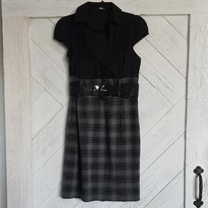 Elegant Black and Gray Plaid Midi Dress